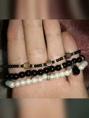 Layered Black and White Beaded Bracelet Set